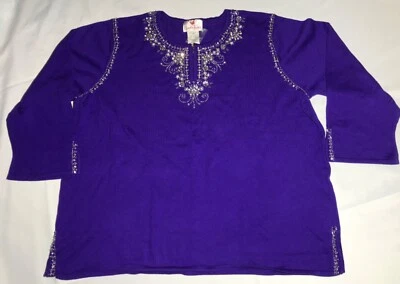 NUEVO CON ETIQUETAS 3X Suéter Quacker Factory Púrpura con Estrás Perlas Cuentas Manga Larga Foto 1 de 4