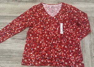 Camiseta Croft & Barrow The Classic Talla Grande Cuello en V Manga Larga Roja Floral - Imagen 1 de 3