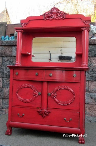Vintage Victorian Grannie Upscale WOW Red Urban BOHO CHIC Buffet Mirror Dresser Cover