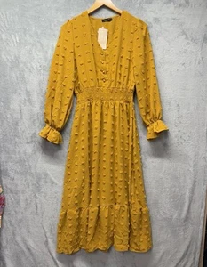 Smocked Swiss Dot Maxi M Dress V-Neck Mustard Yellow Midi Tier Long Sheer Sleeve - Picture 1 of 9