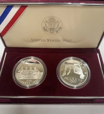1996-P US Mint Atlanta Olympics Rowing/High Jump Proof Silver Dollars in OGP - Image 1 of 4