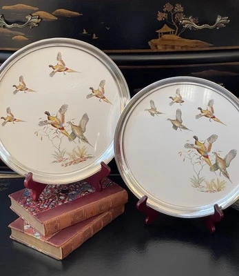 Superb Revere Sterling Silver Pheasant Bird Cocktail Bar Tray Pair American 11” - Image 1 of 4