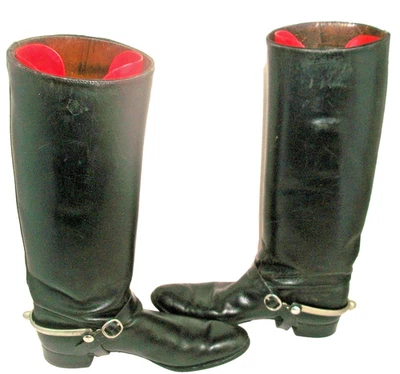 Botas de montar vintage de cuero negro hechas a mano de los 80 a medida con arnés de metal 9M Foto 1 de 4