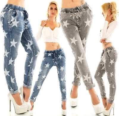 Damen Jeans Hose Baggy Boyfriend Stretch Denim Sterne Print bequemer Bund XS-XL - Bild 1 von 4