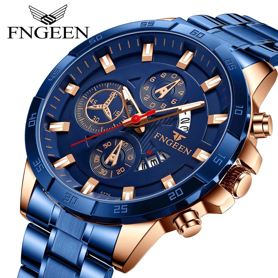 FNGEEN Fashion Luxury Stainless Steel Mens Waterproof Date Quartz Wrist Watches - Image 1 of 3