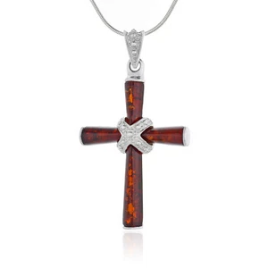 Silber Kreuz Halskette Amber K mit Bernstein in Cognac Farbe - Bild 1 von 7