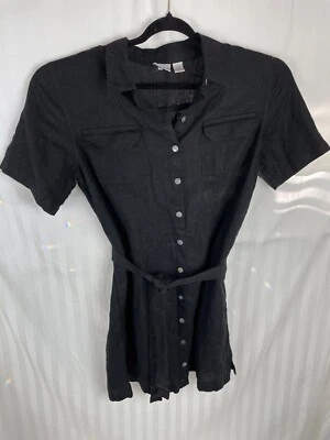 Vestido CHICO'S Negro Lino Talla 3 Regular 16/XL Cinturón Manga Corta Botón Perla Foto 1 de 4