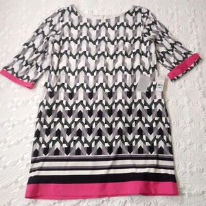 New Eliza J Shift Dress Black White Pink Geometric 3/4 Slv Knee 20 W Women NWT - Picture 1 of 11