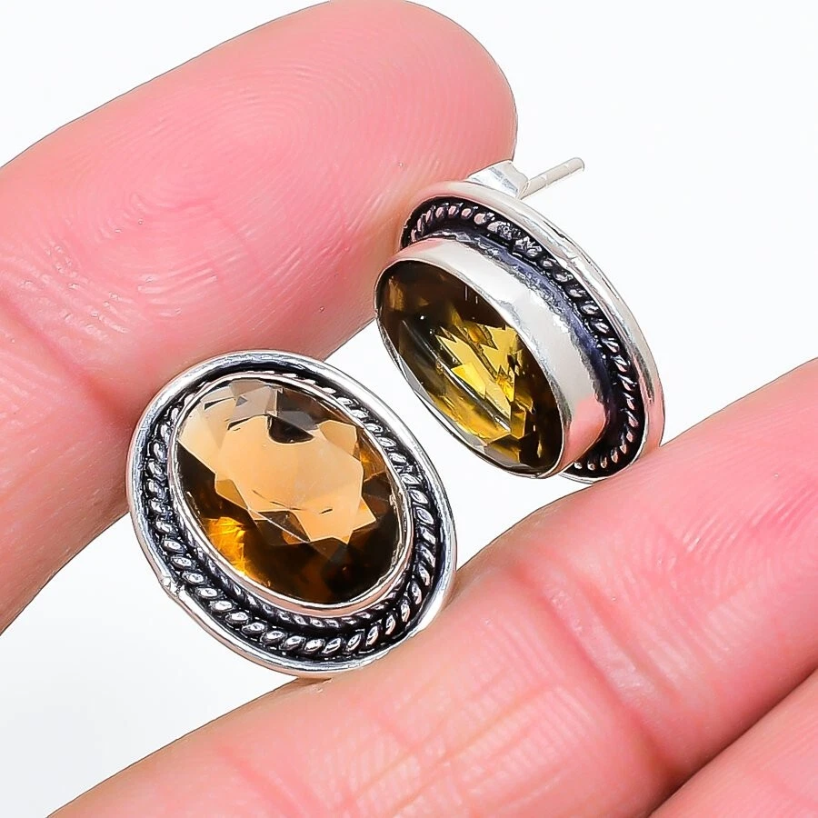 Smoky Quartz Gemstone 925 Sterling Silver Jewelry Stud Earring Size 0.75'' - Image 1 of 1