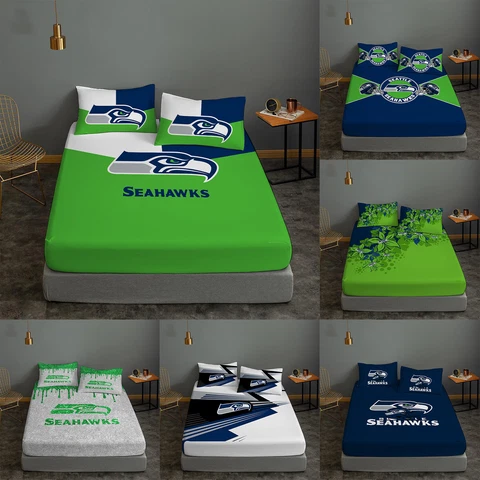 Seattle Seahawks 3Pcs Fitted Sheet Bedding Deep Pocket Mattress Pillowcases Gift Cover