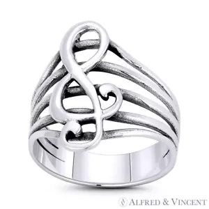 Anillo Distintivo Ancho Plata Esterlina 0,925 G-Clef Nota Musical Símbolo - Imagen 1 de 1
