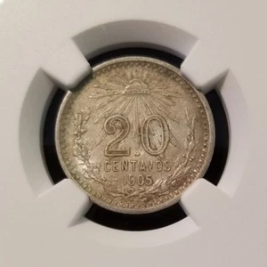 1905 M MEXICO 20 CENTAVOS NGC AU 50 FIRST YEAR VERY SCARCE IN HIGH GRADE - Picture 1 of 3