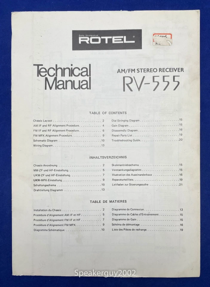 Original Rotel RV-555 Stereo Receiver Technical Manual - Image 1 of 1