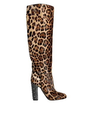 Dolce&Gabbana Mujer Marrón hasta la Rodilla Botas Piel Estampado Leopardo Tacón - Imagen 1 de 4