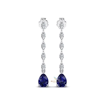 Lab Grown Diamond Drop Dangle Earrings Pear Blue Sapphire 14K White Gold - Image 1 of 4