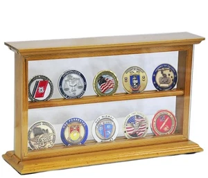 Vitrina de monedas de 10 desafíos roble transparente soporte de monedas militares caja de sombra de madera - Imagen 1 de 13