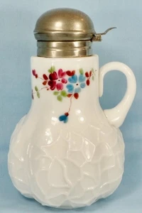Dithridge Alba Syrup Pitcher #53 Milk Glass Hand Painted Flowers Pewter Lid 1892 - Picture 1 of 11