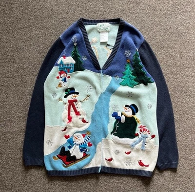 The Quacker Factory Cardigan Sweater Embroidered Snowman Christmas Womens M - Image 1 of 4