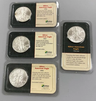4 US 1ozt .999 Silver Eagle $1 BU toning 1996 2000 2001 2002 Littleton pkg 23470 - Image 1 of 4