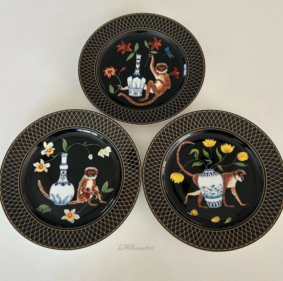 Juego De Colección De 3 | Platos De Porcelana De Jardín Lynn Chase Monkey | Acentos De Oro 24k Foto 1 de 4