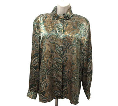 Leslie Fay Sportswear Blouse 14 Satin Paisley Floral Gold Green Dressy Lg Sleeve - Image 1 of 4