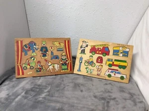 2 Childrens Wood Jigsaw Vtg Puzzle Transportation Train Taxi Car Truck/Circus - Picture 1 of 8