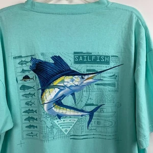 Columbia PFG Performance T-Shirt Aqua Blue Sailfish Graphic Pocket Cotton Size L - Picture 1 of 5