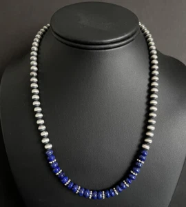 Collar de cuentas de perlas de plata de ley lapislázuli con 6 mm. 18 pulgadas - Imagen 1 de 12