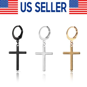 Men's Cross Dangle Earrings Stainless Steel Hinged Piercing Huggie Hoop Earring - Picture 1 of 25