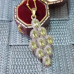 925 Sterling Silver Necklace, Genuine Peridot Pendant, Art Deco Style, Gold - Picture 1 of 7