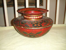 Metal Spittoon Vase Unique Painted Designs Red Tribal Floral Patterns Copper
