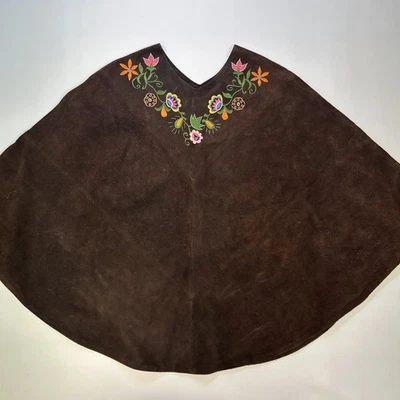 VINTAGE 70s SUEDE LEATHER PONCHO HIPPIE BOHO COLORFUL FLORAL EMBROIDERED OSFA - Image 1 of 2