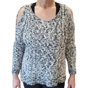 VINTAGE HAVANA Womens White & Black Speckled Cold Shoulder Knit Sweater Sz Small - Picture 1 of 8