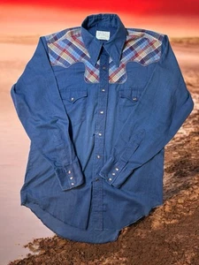Camicia western vintage anni 70 Maverick blu perla snap coda lunga cowboy uomo 16/33 - Foto 1 di 7