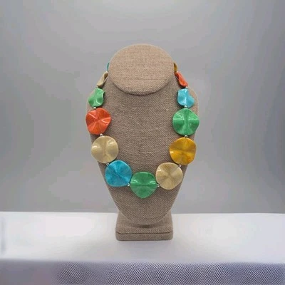 Colorful Disc Necklace Statement Abstract Boho Artisan Style Silver Tone - Image 1 of 4