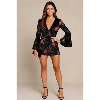 Mameluco Sadie and Sage Mujer S Negro Manga Campana Terciopelo Aplastado Floral Boho Corto Foto 1 de 4