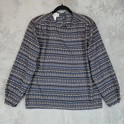 Vintage Jones Wear Top Womens Size 12 Blue Aztec Print Crepe Shoulder Pads 90s - Image 1 of 4