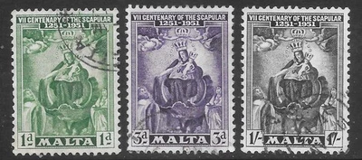MALTA 1951. Sc #232-4; SG #258-60. Séptimo Centenario del Escapulario. Usado Foto 1 de 2