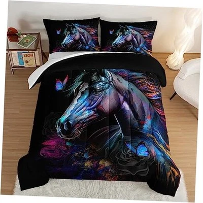  Conjunto de edredom 3 peças arte cavalo com 2 fronhas, vida selvagem completa preto-a - Imagem 1 de 4