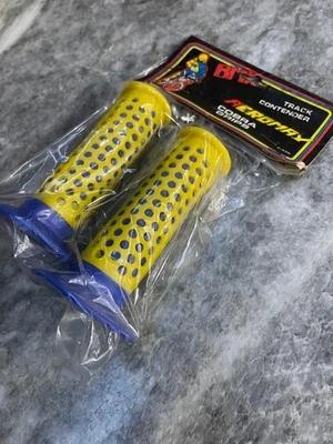 OLD SCHOOL COBRA F1 BMX BIKE GRIPS  BLUE  YELLOW VINTAGE OAKLEY DECAL FUAN SHAPE - Image 1 of 3