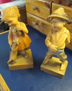 Hand Carved Wood in Italy Boy & Girl & Cat 7 Inches - Picture 1 of 8