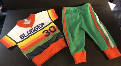 VTG 70’s Slugger Boys Baseball Jersey Outfit Pants Stripe 2T Baby Polyester - Image 1 of 4