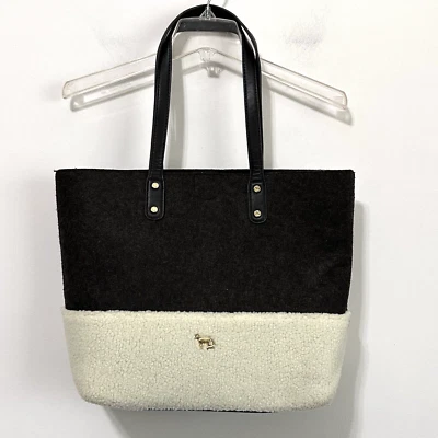 Emma Fox Caspian Shoulder Bag Tote Large Felt Sherpa Gray Cream Purse Trendy - Image 1 of 4