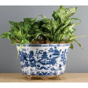 NEW BLUE WILLOW PORCELAIN PLANTER WITH BRONZE ORMOLU MOUNTS 14.5” x 11” x 9.5” - Picture 1 of 3