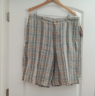 Pantalones Cortos Tommy Bahama Para Hombres Relax 100% Lino Talla 36 Azul Tostado A Cuadros Etiquetas Nuevas Foto 1 de 4