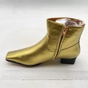 FOWT Gold Square Toe Side Zipper Ankle Boot Block Low Heel Short Boots Warm Shoe - Picture 1 of 7