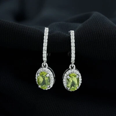 3.20 Ct Oval Cut Lab-Created Peridot and Moissanite Dangle Earrings 925 Silver - Image 1 of 4