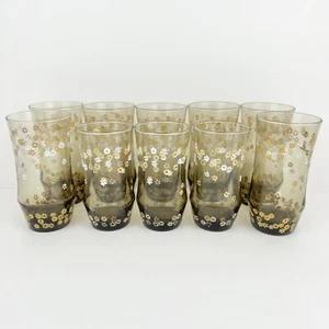 Vintage Libbey Strawflower Amber Glasses 70s-80s Retro Set Of 10 - Picture 1 of 5