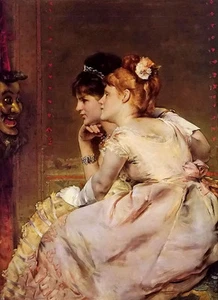 Pintura al óleo Alfred Stevens - Bonitas chicas jóvenes con la máscara japonesa sin marco - Imagen 1 de 1