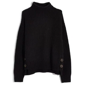 Madewell Mock Neck Side Button Pullover Sweater Wool Chunky Knit Black XXS NWT - Picture 1 of 11